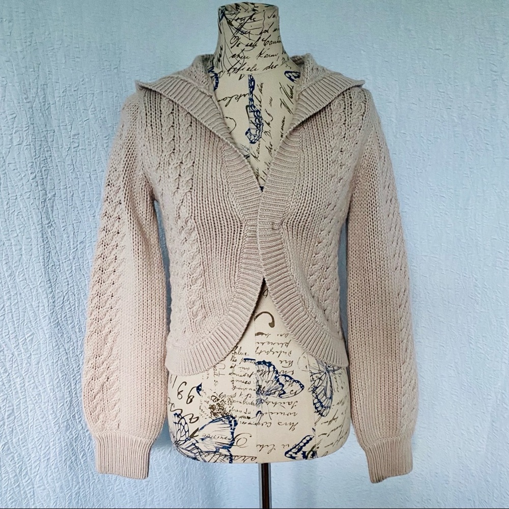 Alice + Olivia Tan Cable Hooded Crop Cardigan Y2K